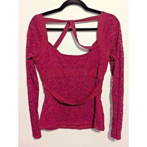 Vintage Bebe 90s Burgundy Red Lace Long Sleeve Sweetheart Top Clubwear Y2K Med